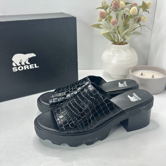 Sorel Joanie Heel Slide Leather Sandals Black NL5085-010 Women's 10 NWB - Picture 1 of 9